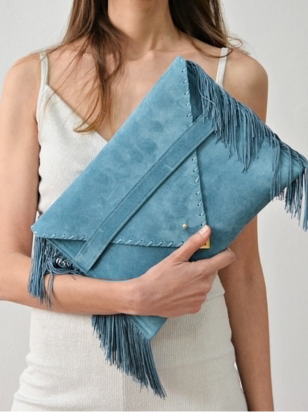 NEW Suede leather fringe clutch in Blue Jean